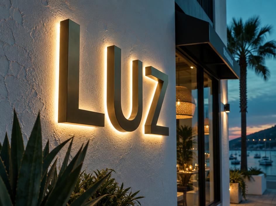 Letras LUZ con iluminación posterior cálida sobre una pared