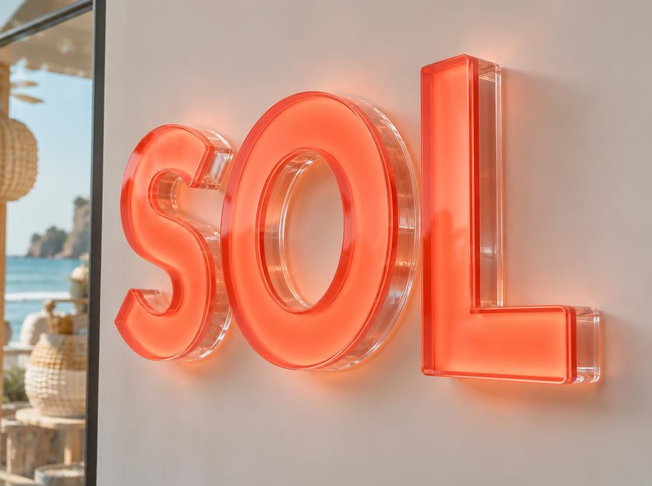 Letras SOL de acrílico luminoso en tono coral